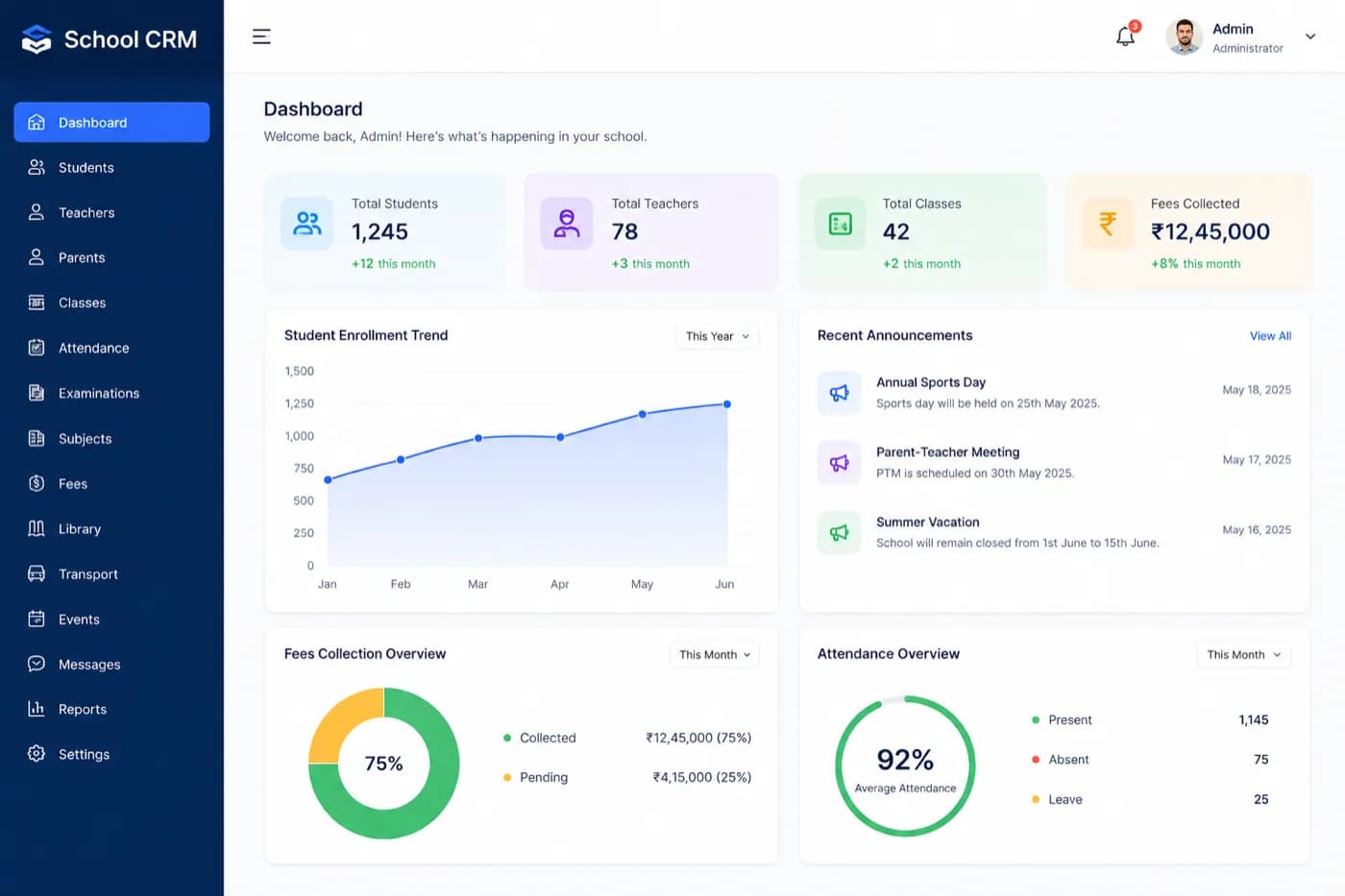 School CRM dashboard built by Bhavya Enterprises